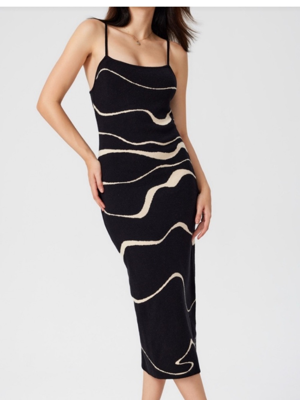 Black & Cream Wave Pattern Midi Dress